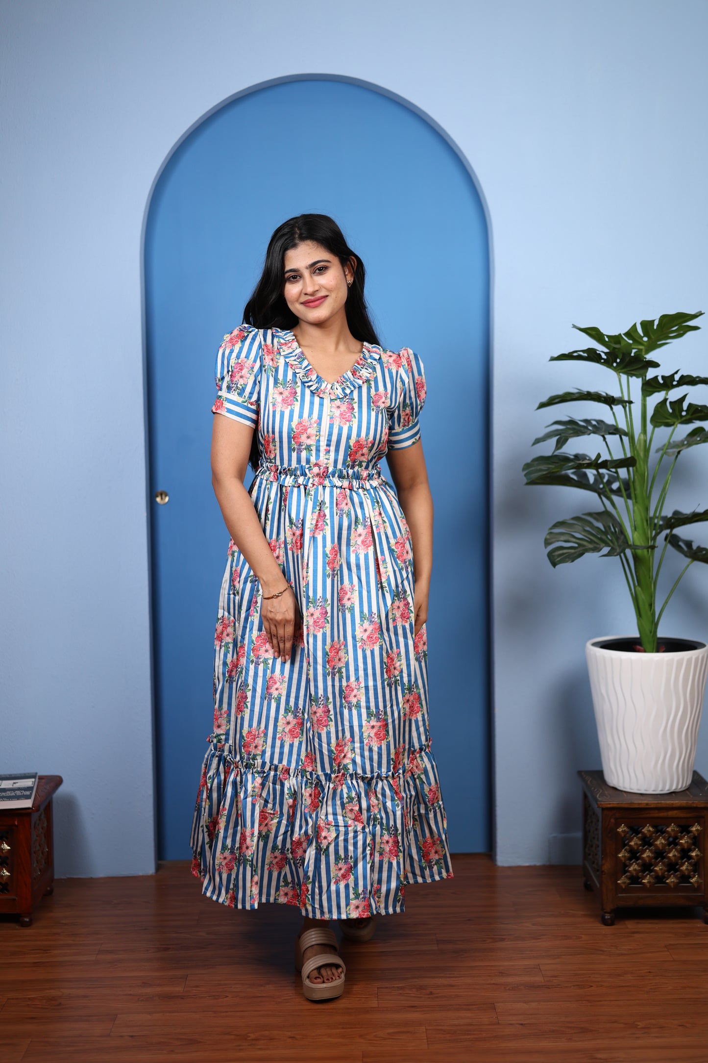 Premium Mul Chanderi Frill Maxi| With Lining | Size M-3XL | Feeding only