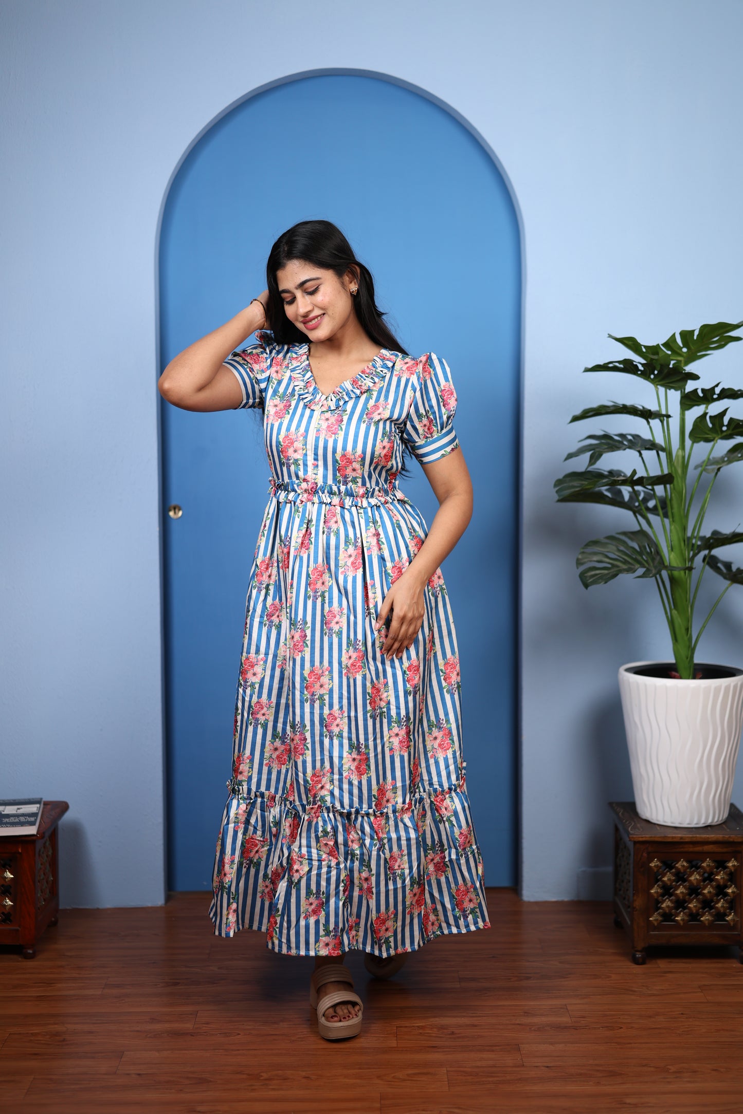 Premium Mul Chanderi Frill Maxi| With Lining | Size M-3XL | Feeding only