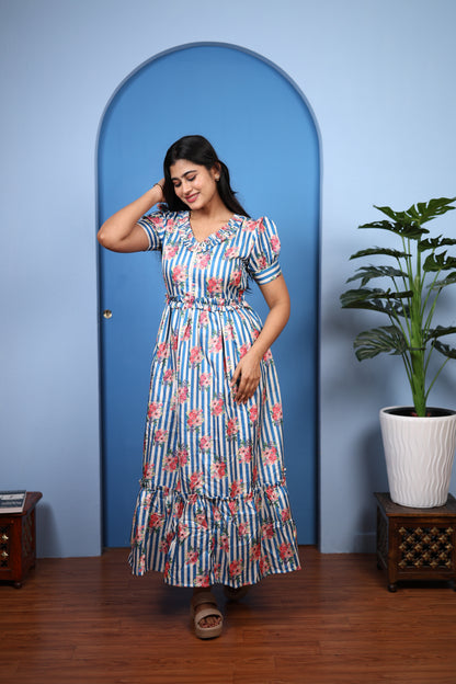 Premium Mul Chanderi Frill Maxi| With Lining | Size M-3XL | Feeding only