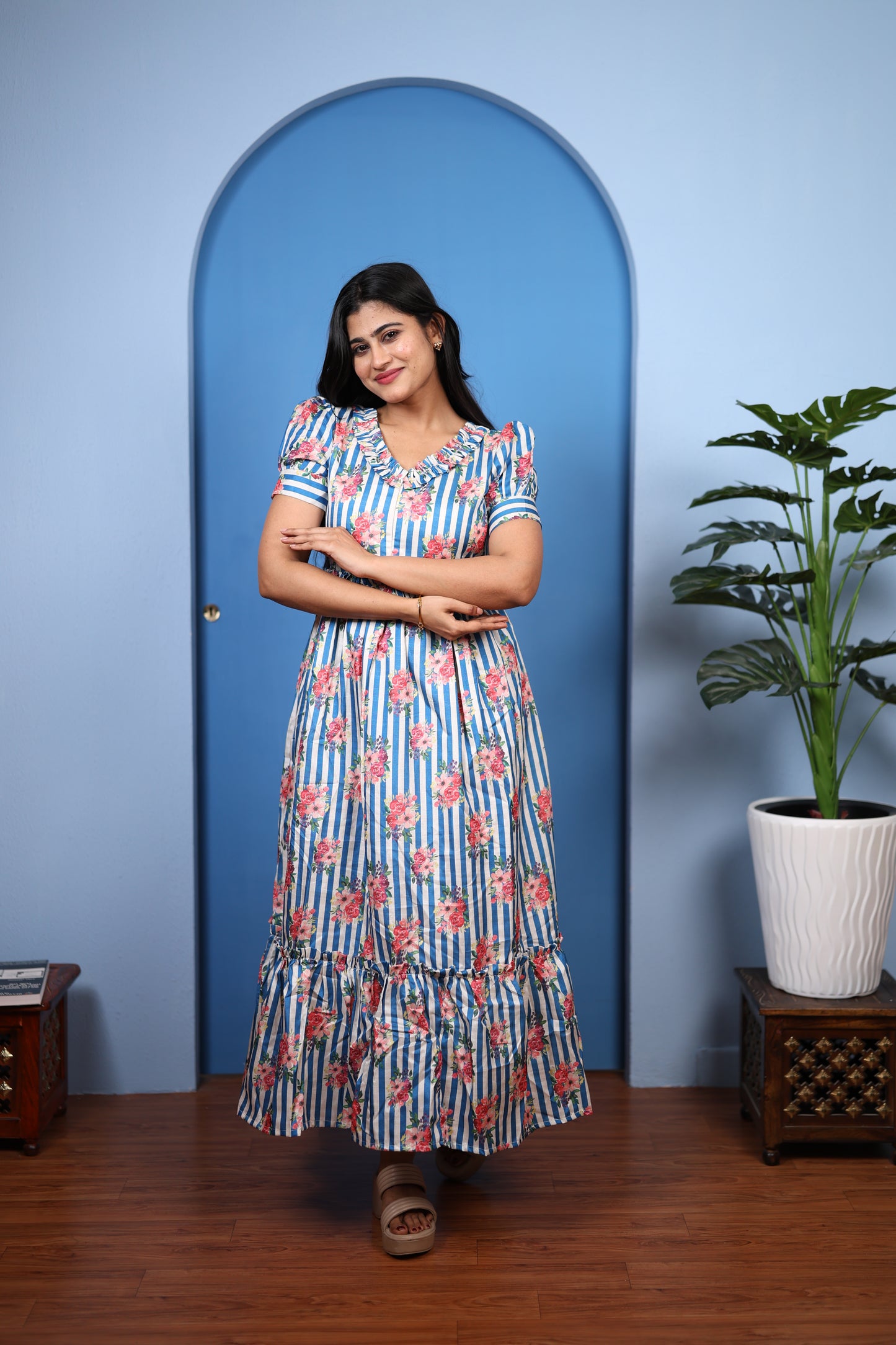 Premium Mul Chanderi Frill Maxi| With Lining | Size M-3XL | Feeding only