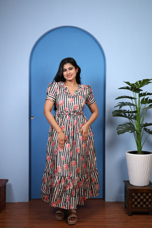 Premium Mul Chanderi Frill Maxi| With Lining | Size M-3XL | Feeding only