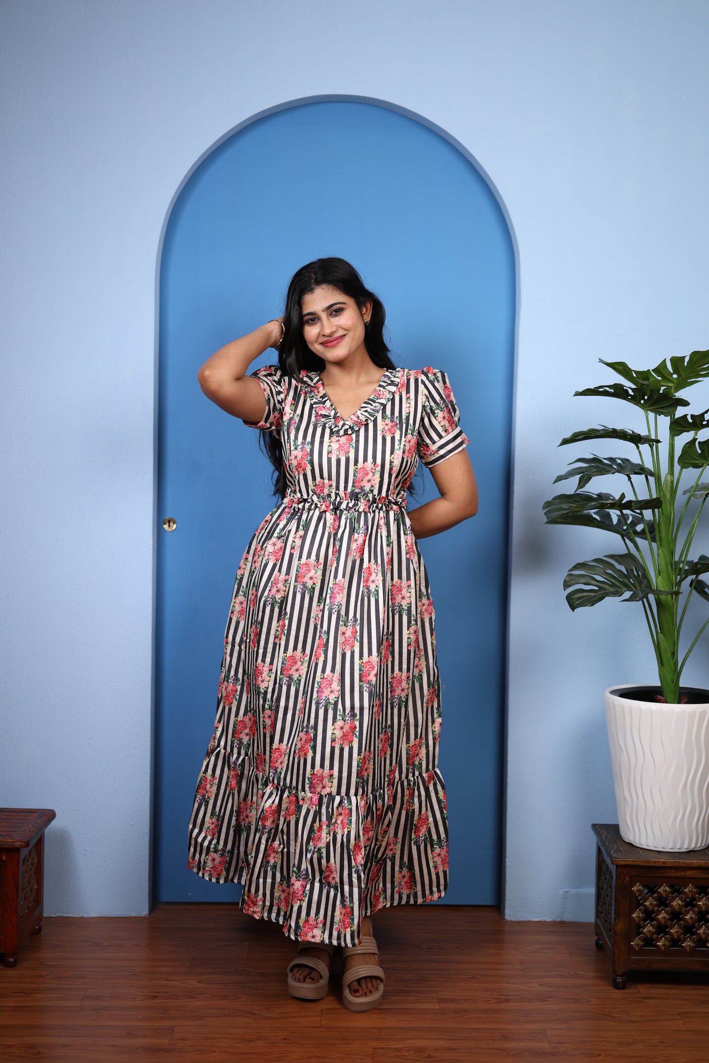 Premium Mul Chanderi Frill Maxi| With Lining | Size M-3XL | Feeding only