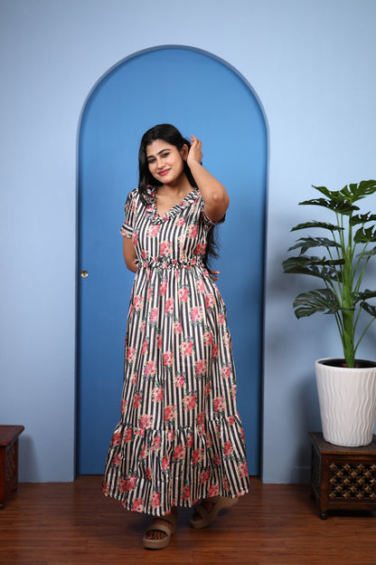 Premium Mul Chanderi Frill Maxi| With Lining | Size M-3XL | Feeding only