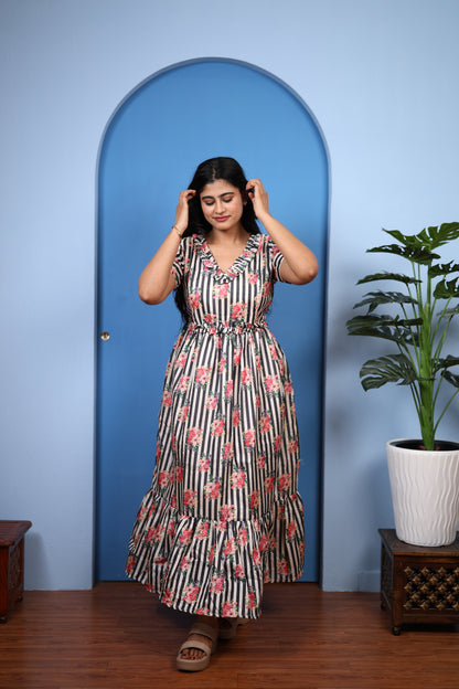 Premium Mul Chanderi Frill Maxi| With Lining | Size M-3XL | Feeding only