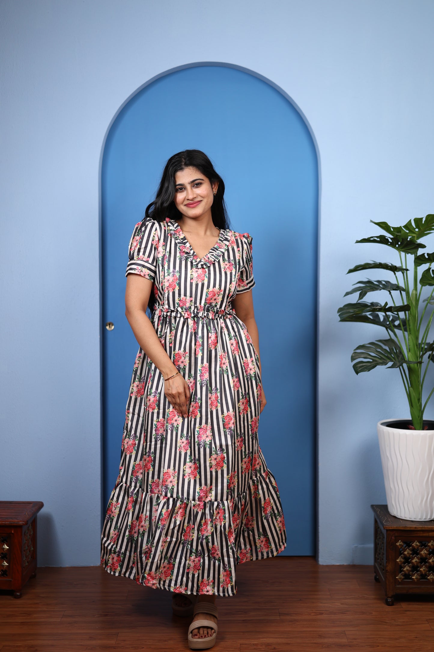 Premium Mul Chanderi Frill Maxi| With Lining | Size M-3XL | Feeding only