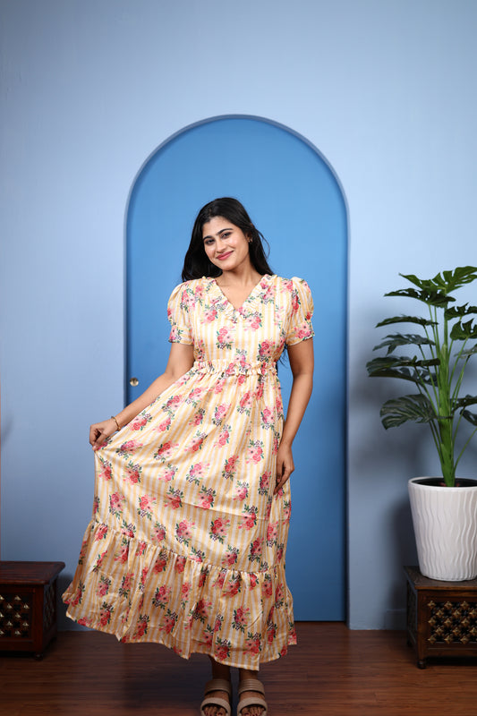 Premium Mul Chanderi Frill Maxi| With Lining | Size M-3XL | Feeding only
