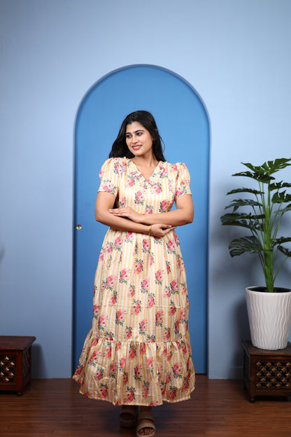 Premium Mul Chanderi Frill Maxi| With Lining | Size M-3XL | Feeding only