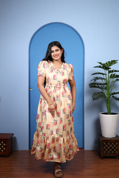 Premium Mul Chanderi Frill Maxi| With Lining | Size M-3XL | Feeding only