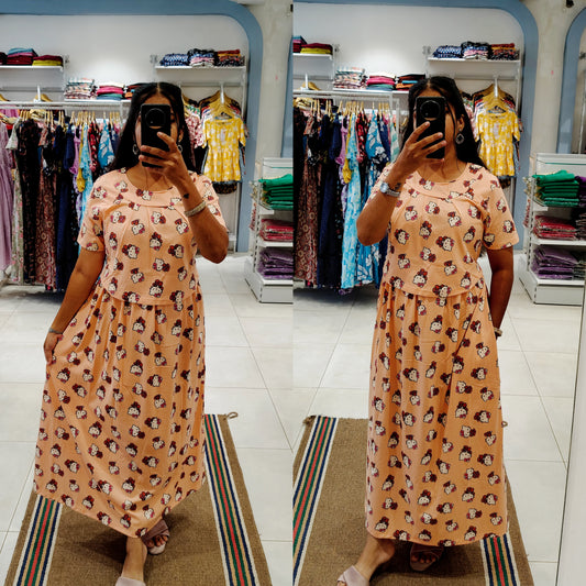 BUY 3 1500/- FLF077 Frill Zipless maternity/feeding Loungewear Maxi Pull up Model