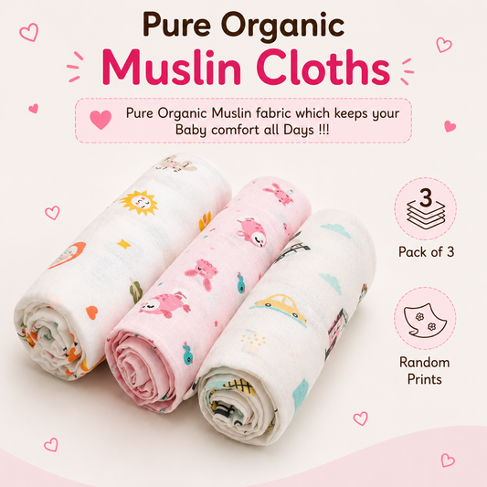Muslin Baby Swaddles | Pack of 3 | Premium Fabrics | Cute Prints