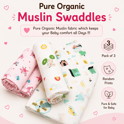 Muslin Baby Swaddles | Pack of 3 | Premium Fabrics | Cute Prints