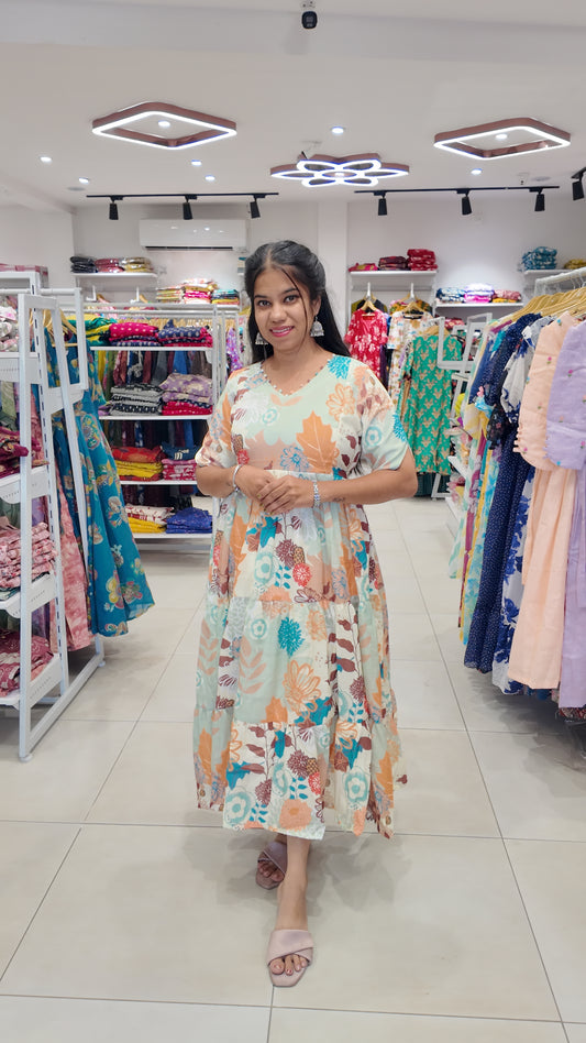 Premium Linen-Cotton Printed Maxi- Feeding | With Lining