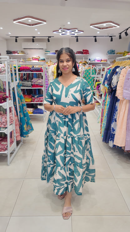 Premium Linen-Cotton Printed Maxi- Feeding | With Lining