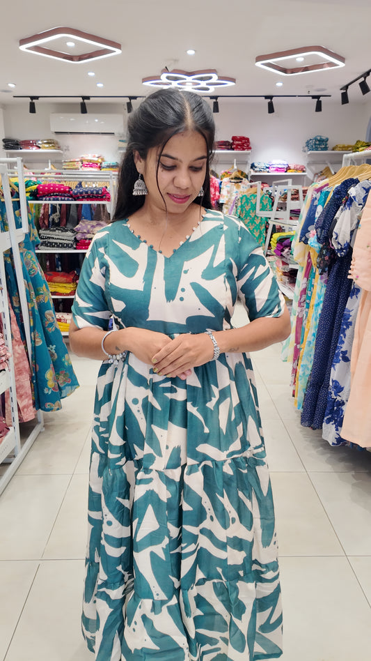 Premium Linen-Cotton Printed Maxi- Feeding | With Lining
