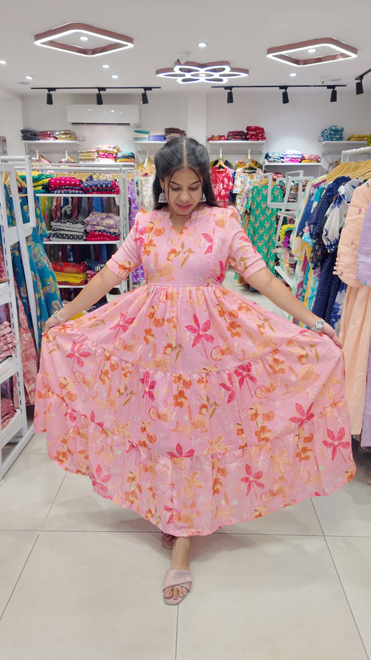 Premium Linen-Cotton Printed Maxi- Feeding | With Lining