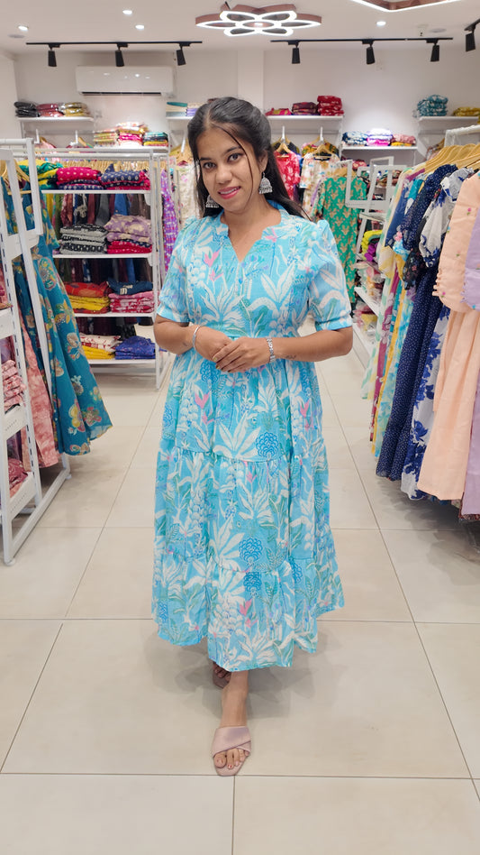 Premium Linen-Cotton Printed Maxi- Feeding | With Lining