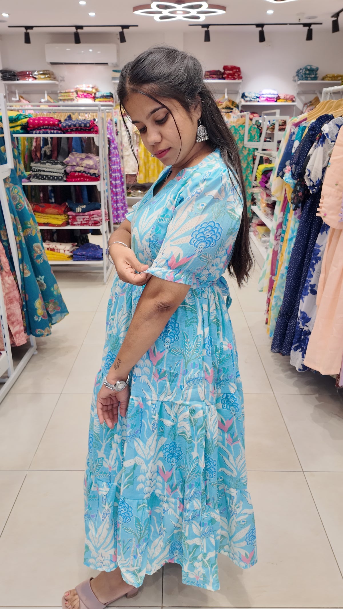 Premium Linen-Cotton Printed Maxi- Feeding | With Lining