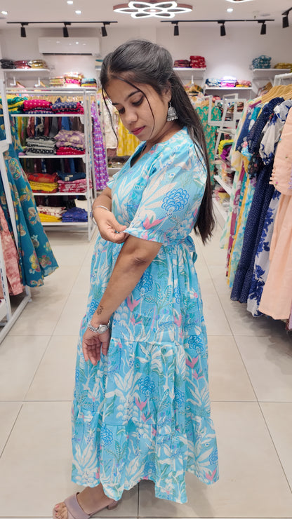Premium Linen-Cotton Printed Maxi- Feeding | With Lining