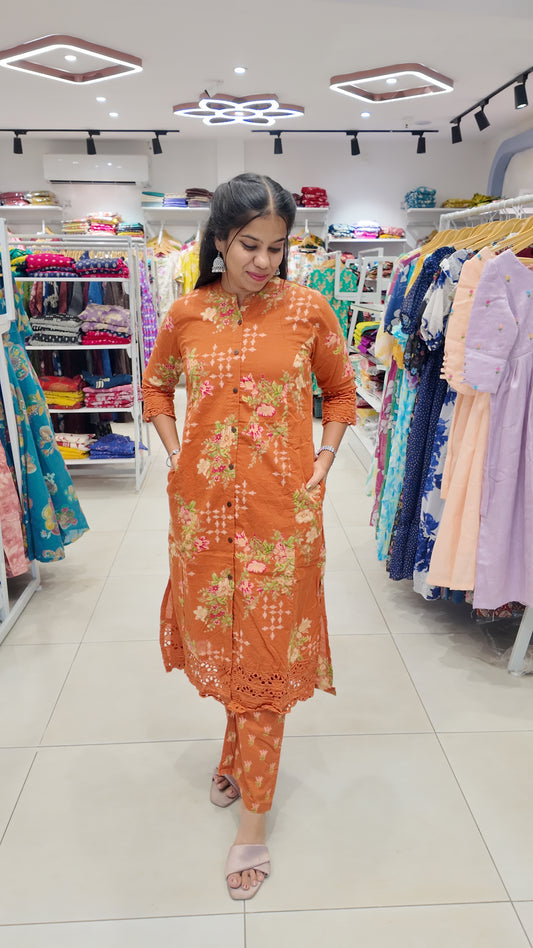 Premium Cotton Printed Lace Coord Set (With Lining)-College/Office wear