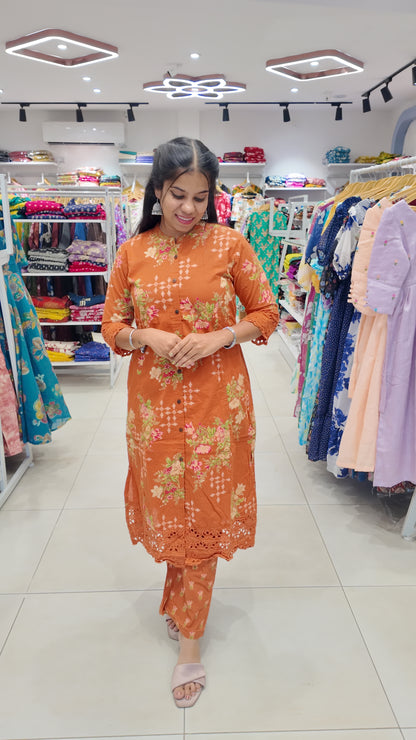 Premium Cotton Printed Lace Coord Set (With Lining)-College/Office wear