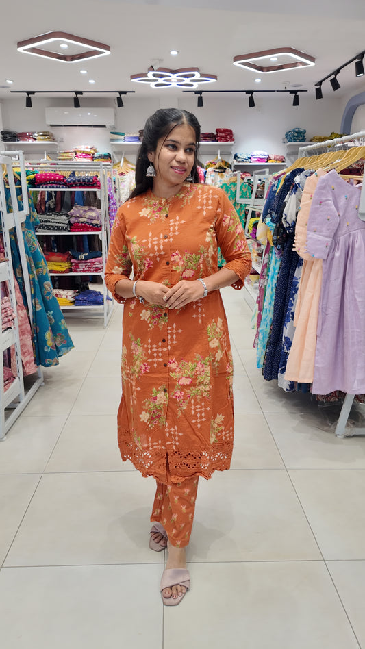 Premium Cotton Printed Lace Coord Set (With Lining)-College/Office wear