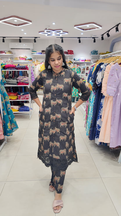 Premium Cotton Printed Lace Coord Set (With Lining)-College/Office wear
