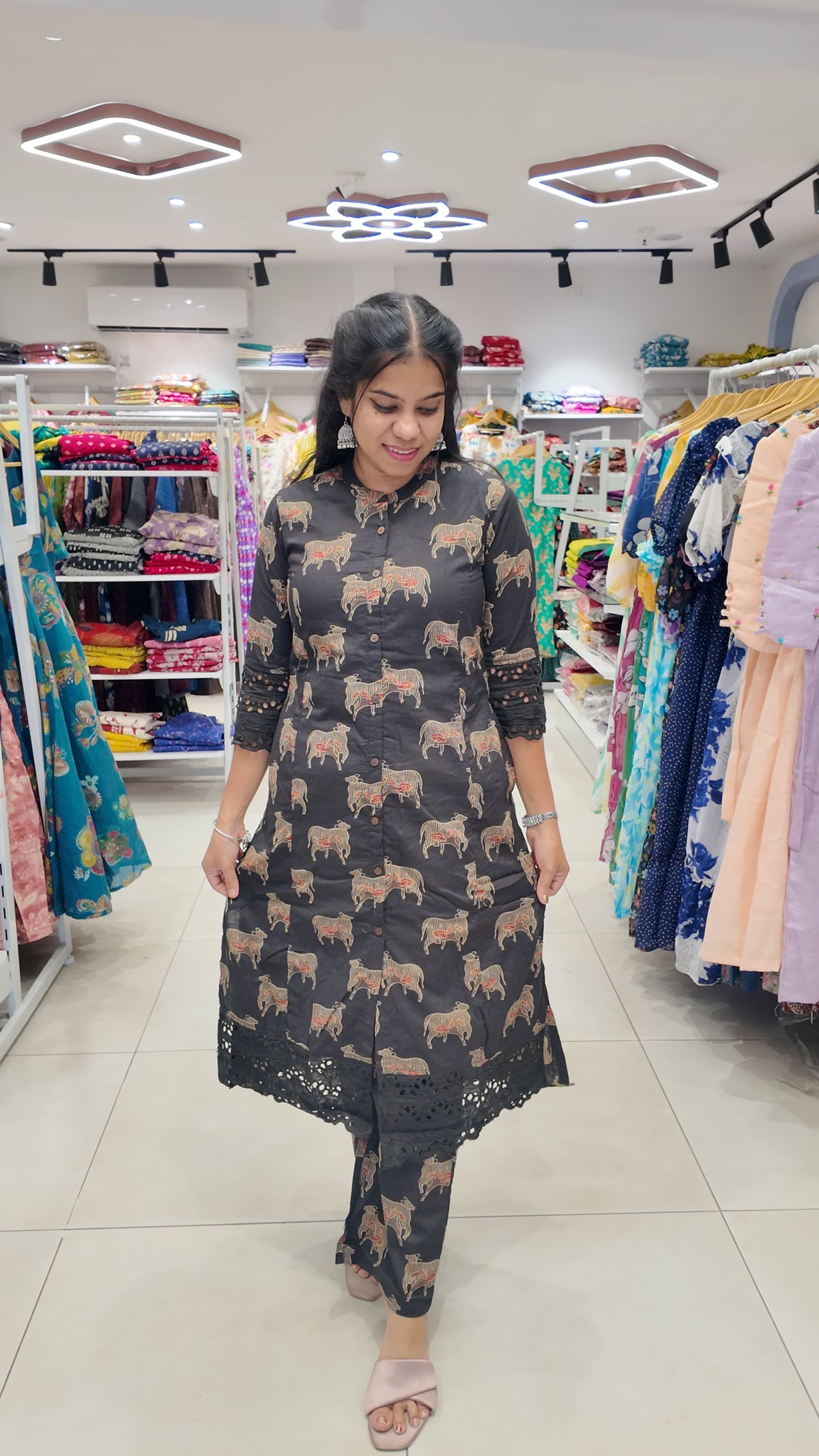 Premium Cotton Printed Lace Coord Set (With Lining)-College/Office wear