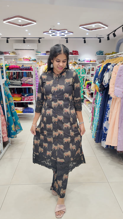 Premium Cotton Printed Lace Coord Set (With Lining)-College/Office wear