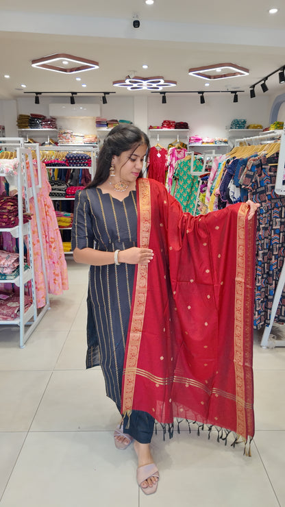 Premium Raw Silk Salwar Set-(Top,Bottom,Duppatta) Feeding