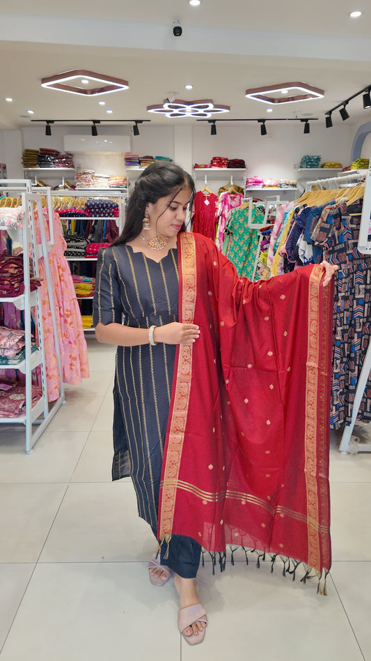Premium Raw Silk Salwar Set-(Top,Bottom,Duppatta) Feeding