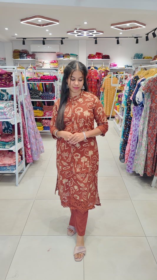 Premium Cotton Printed Lace Coord Set (With Lining)-College/Office wear