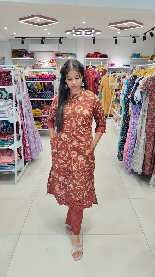 Premium Cotton Printed Lace Coord Set (With Lining)-College/Office wear