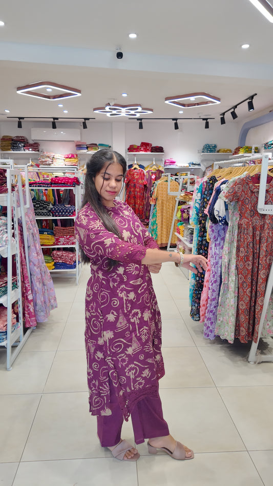 Premium Cotton Printed Lace Coord Set (With Lining)-College/Office wear