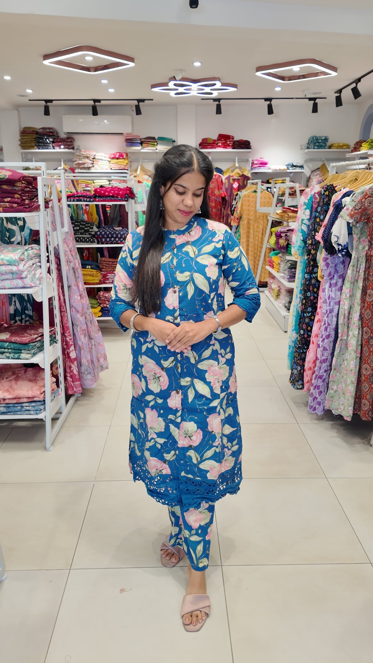 Premium Cotton Printed Lace Coord Set (With Lining)-College/Office wear