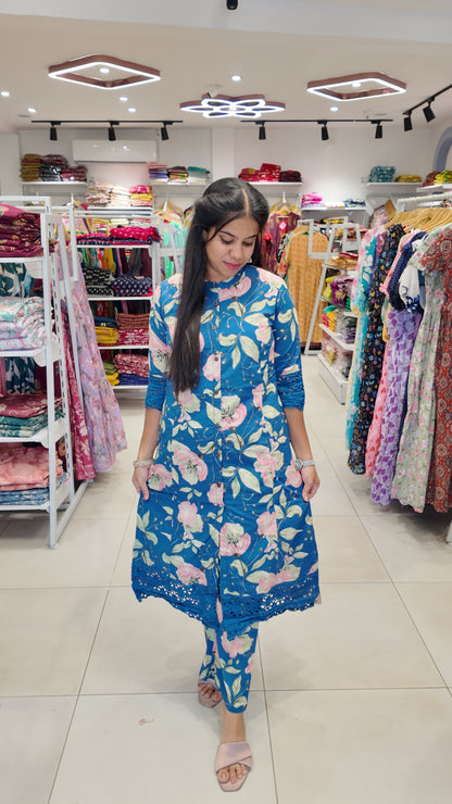 Premium Cotton Printed Lace Coord Set (With Lining)-College/Office wear