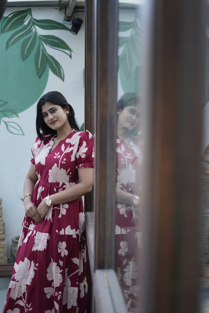 Premium Cotton Printed 3-Tier Maxi Dress | Size M-3XL FC0357