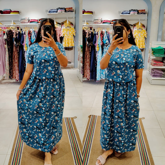 BUY 3 1500/- FLF076 Frill Zipless maternity/feeding Loungewear Maxi Pull up Model