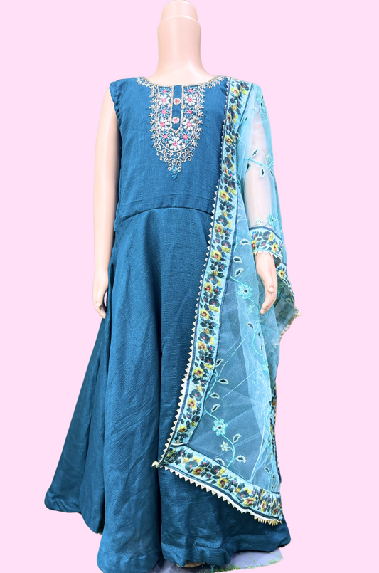 Teal Anarkali Gown with Embroidered Dupatta