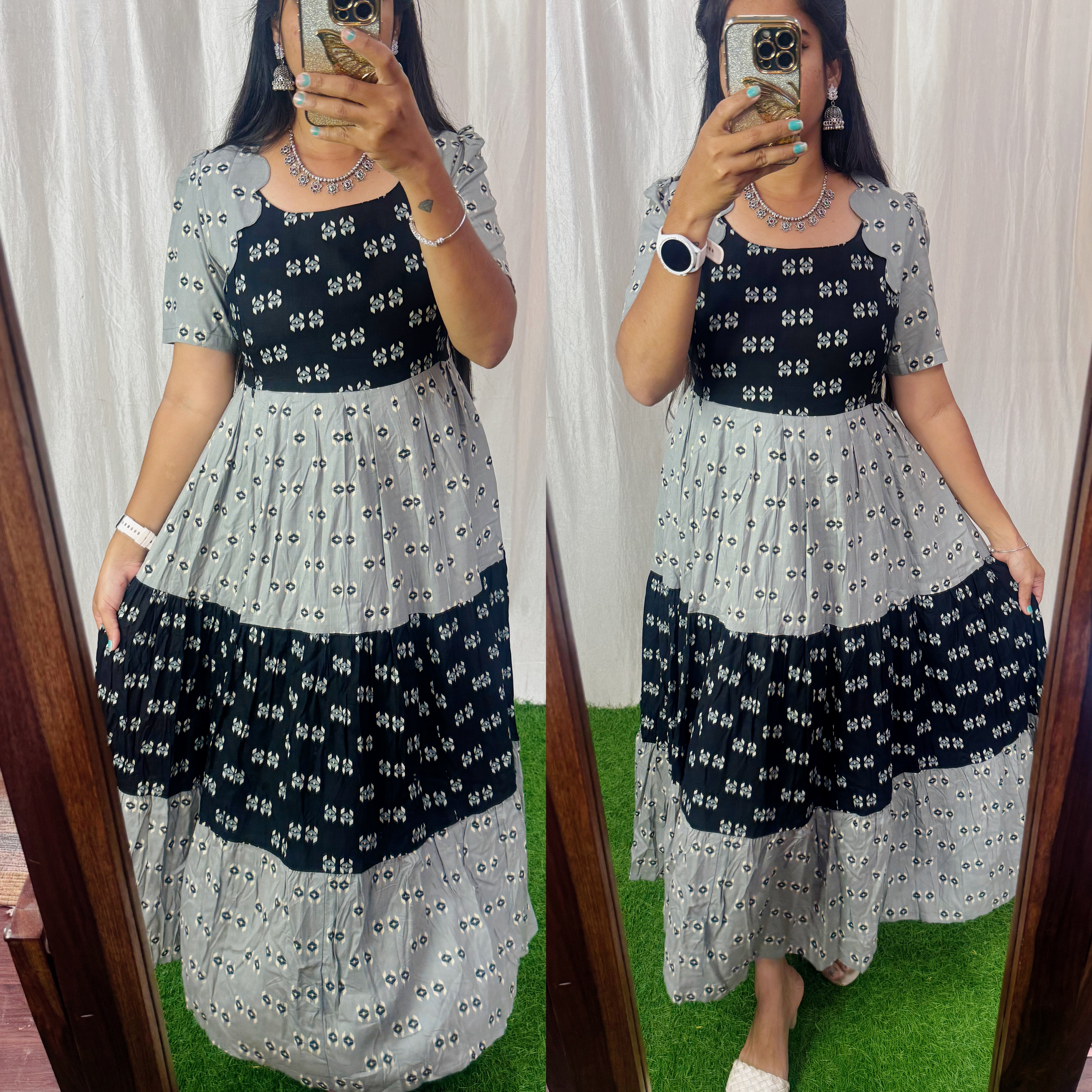 Black/Grey-Premium Cotton Blend Flex Fabric  Maxi with Cotton lining 025