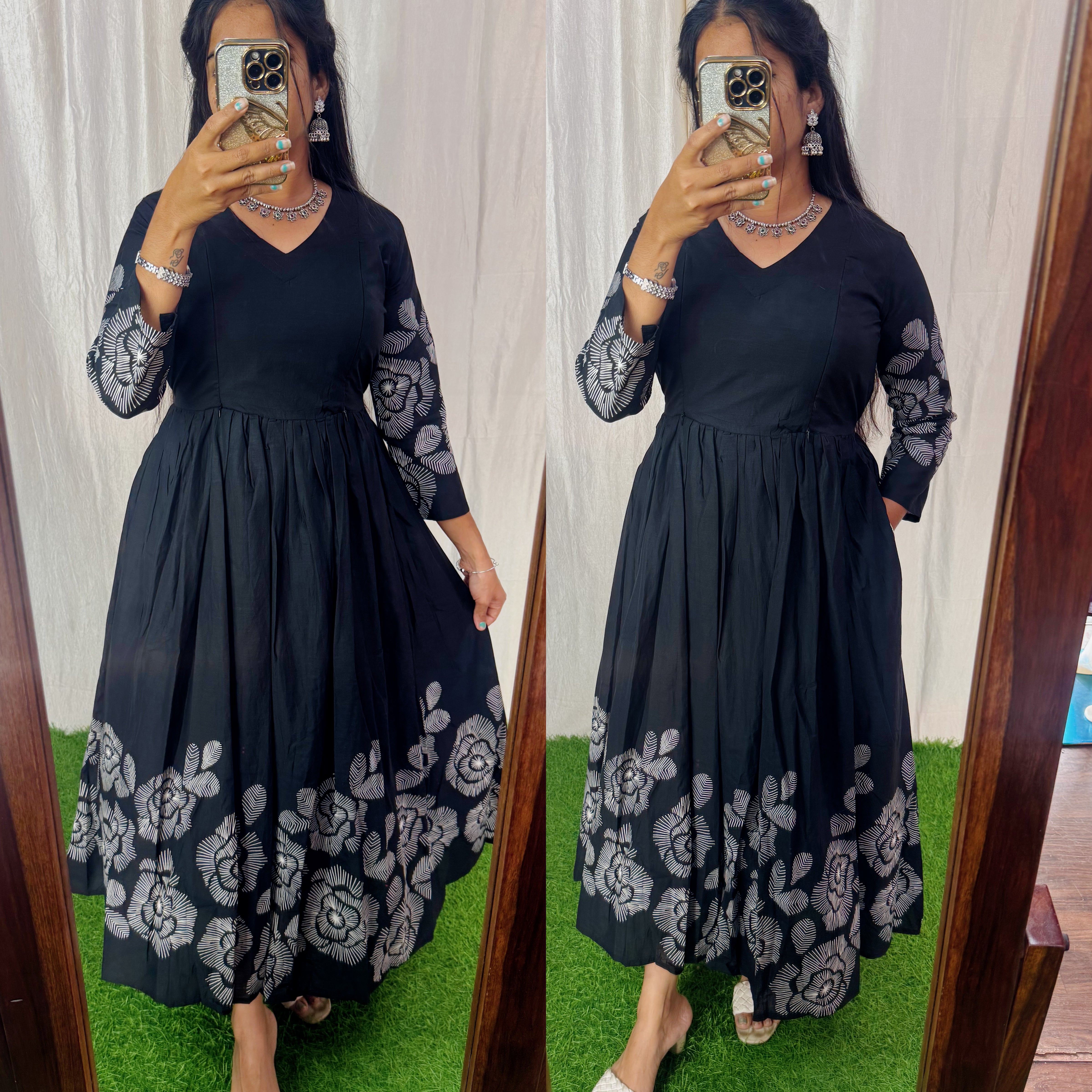 Black- Premium Cotton Daman Print Fabric  Maxi with Cotton lining 029