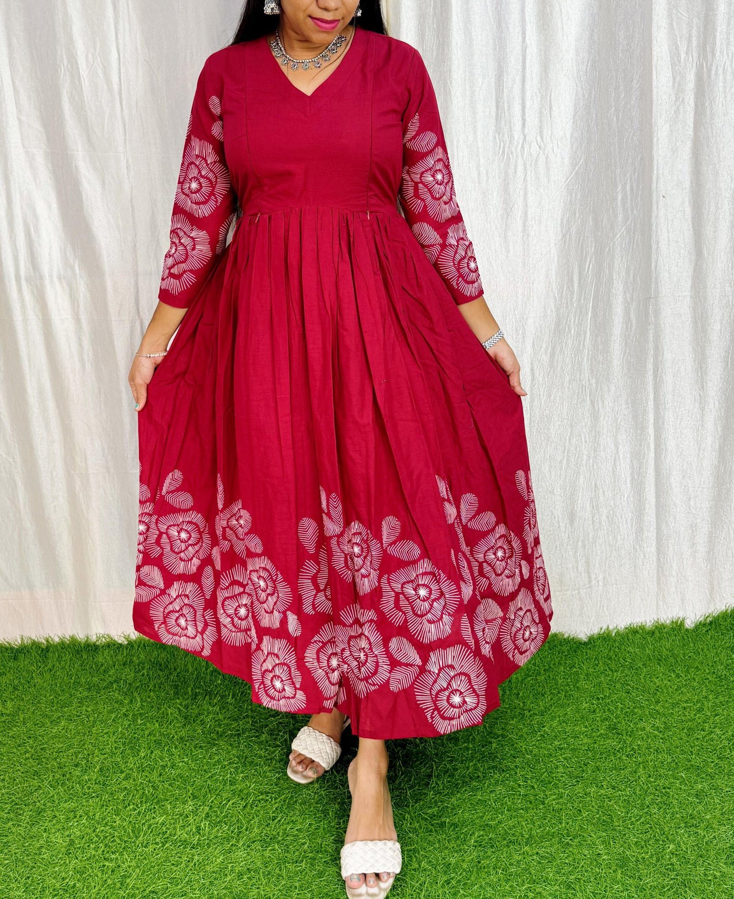 Dark Red- Premium Cotton Daman Print Fabric  Maxi with Cotton lining FC0039