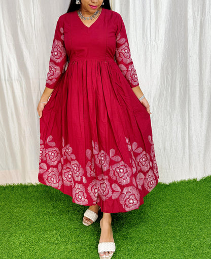 Dark Red- Premium Cotton Daman Print Fabric  Maxi with Cotton lining FC0039