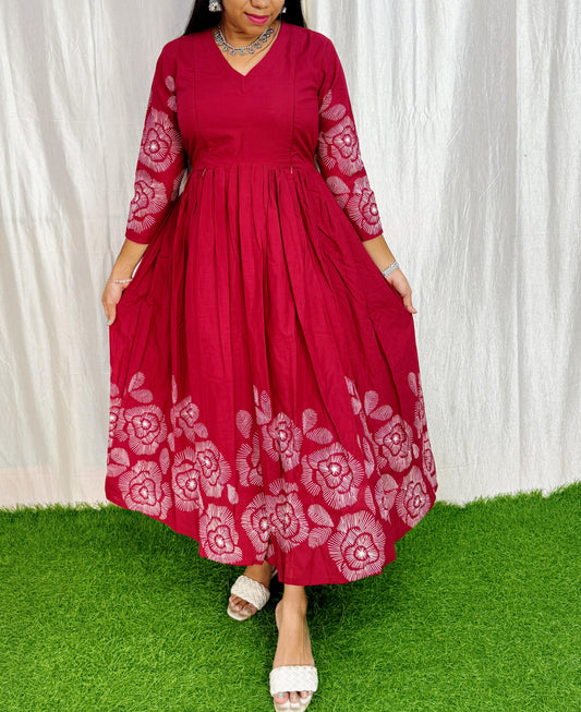Dark Red- Premium Cotton Daman Print Fabric  Maxi with Cotton lining FC0039