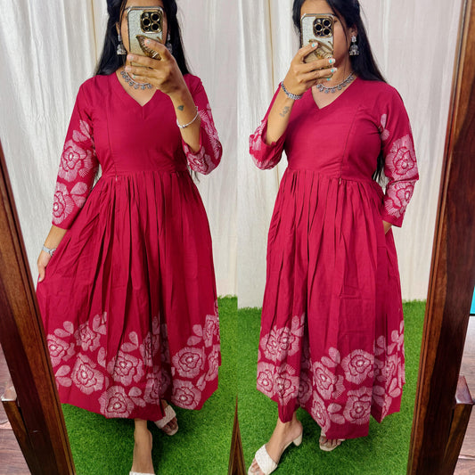 Dark Red- Premium Cotton Daman Print Fabric  Maxi with Cotton lining FC0039