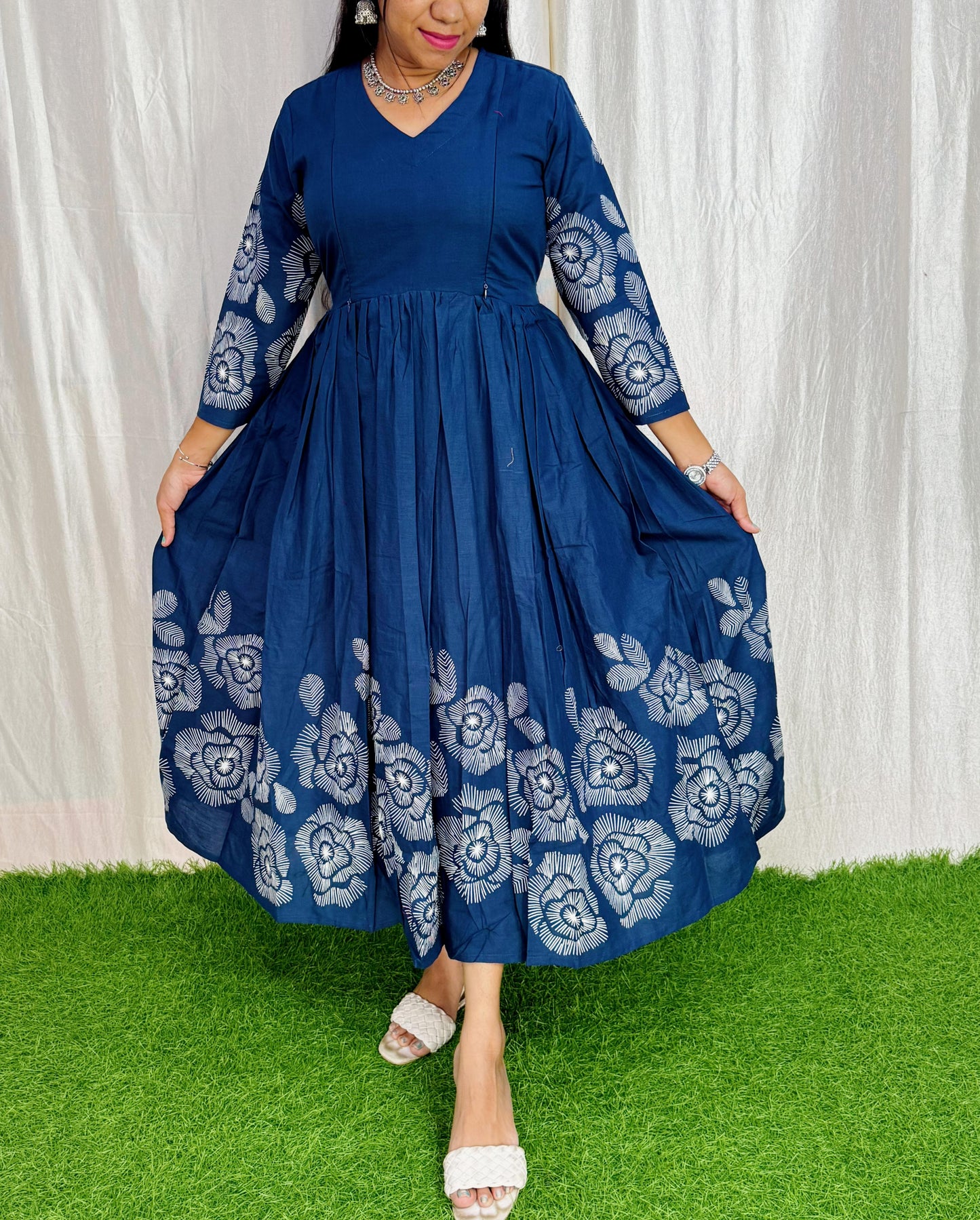 Navy- Premium Cotton Daman Print Fabric  Maxi with Cotton lining FC0038