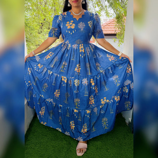 DIWALI MEGA SALE -BLUE WITH WHITE TONE Color Linen Digital Printed Maxi( with cotton Lining ) Length 52 inch