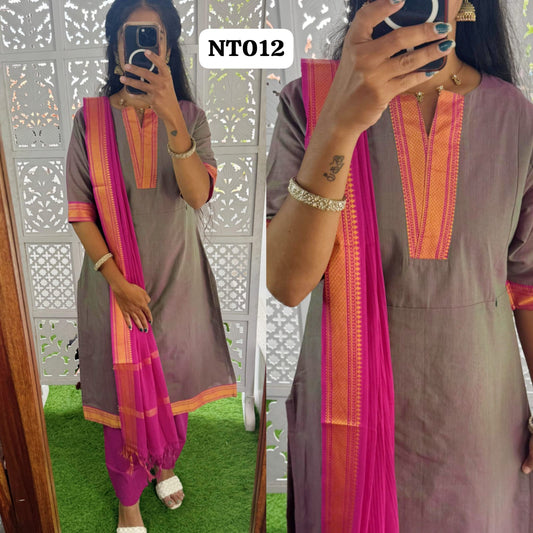 NT012- Premium Mangalagiri Cotton Salwar Set-(Top,Bottom,Duppatta)- Feeding/Non Feeding