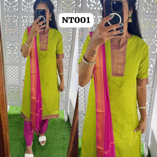 Premium Mangalagiri Cotton Salwar Set-(Top,Bottom,Duppatta)- Feeding FC0287