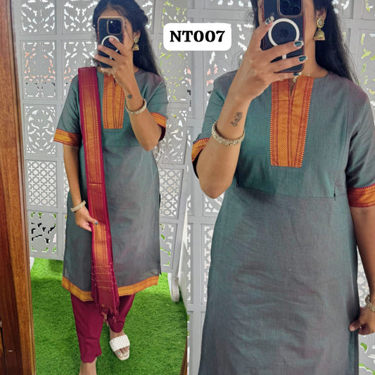 Premium Mangalagiri Cotton Salwar Set-(Top,Bottom,Duppatta)- Feeding FC0291