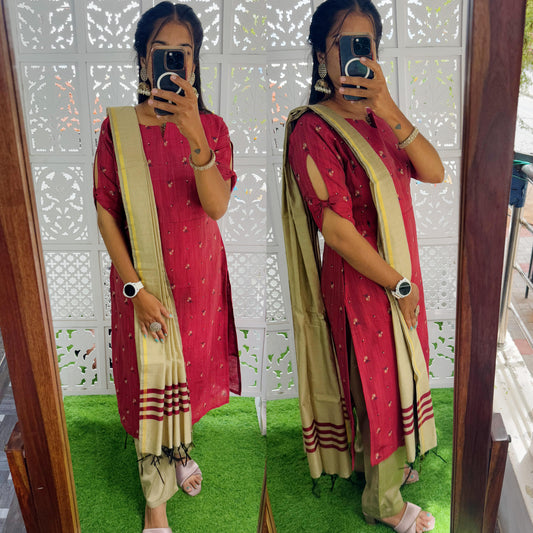 Maroon-Premium Raw Silk Printed Salwar Set-(Top,Bottom,Duppatta)- Feeding/Non Feeding (Copy)